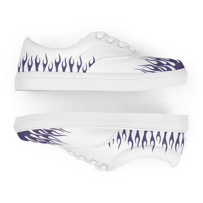 White canvas sneaker with violet flame print on sides and sole, white rubber outsole