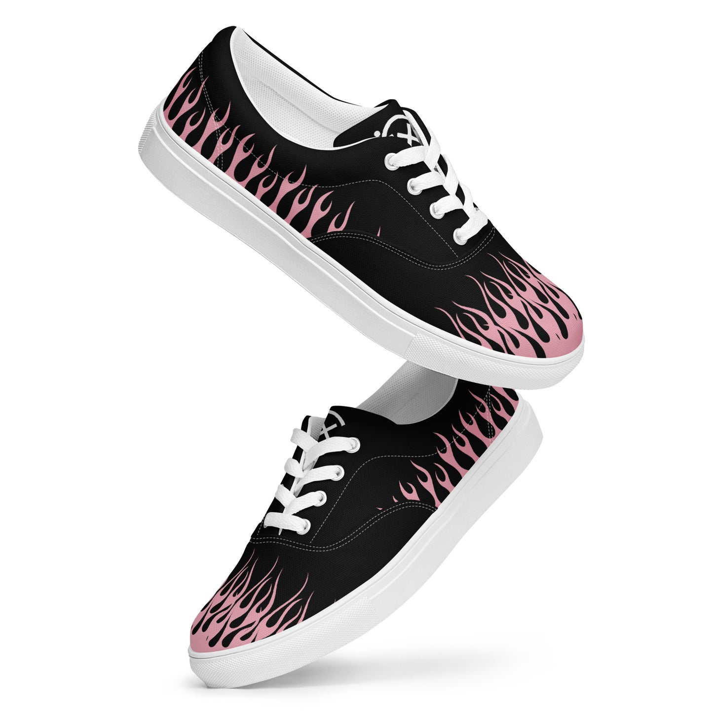 Black canvas sneaker with pink flame side print, white laces, white rubber sole