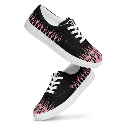 Black canvas sneaker with pink flame side print, white laces, white rubber sole