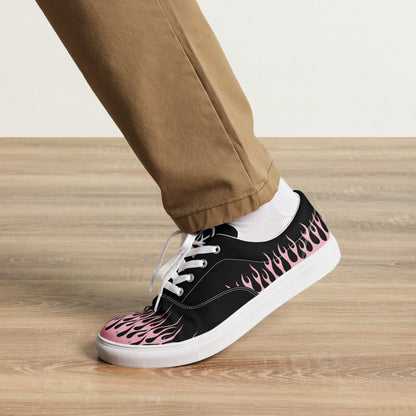 Black canvas lace-up sneaker with pink flame side graphic and white sole