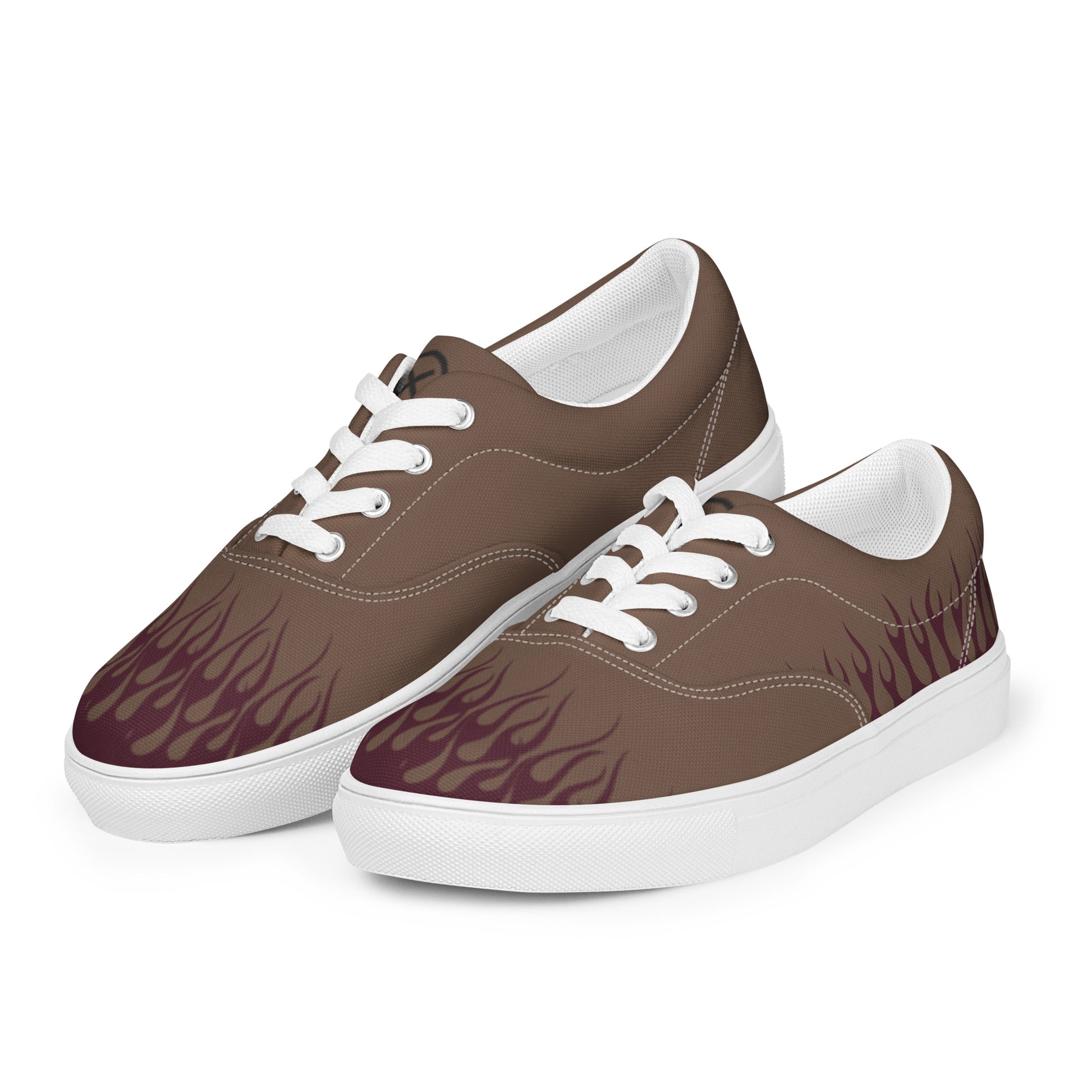 Men’s canvas sneakers in brown with burgundy flame graphic, white laces and white sole