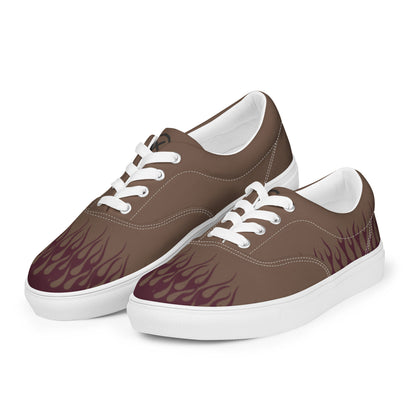 Men’s canvas sneakers in brown with burgundy flame graphic, white laces and white sole