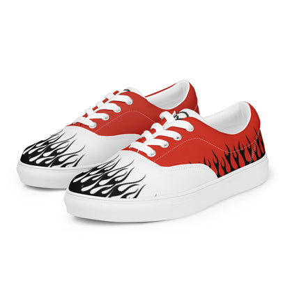 Red and white canvas sneakers with flame-style designs, white laces, and smooth rubber sole