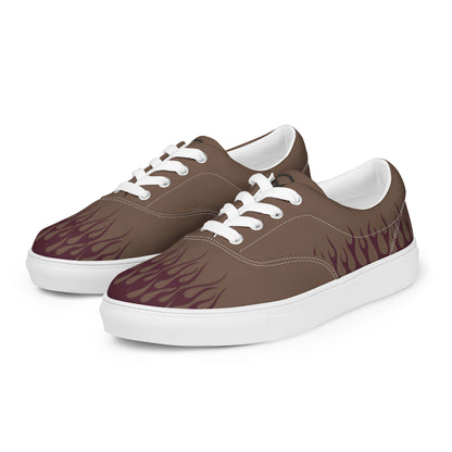 Canvas sneakers side view with brown upper, burgundy flame print, white laces, white rubber sole