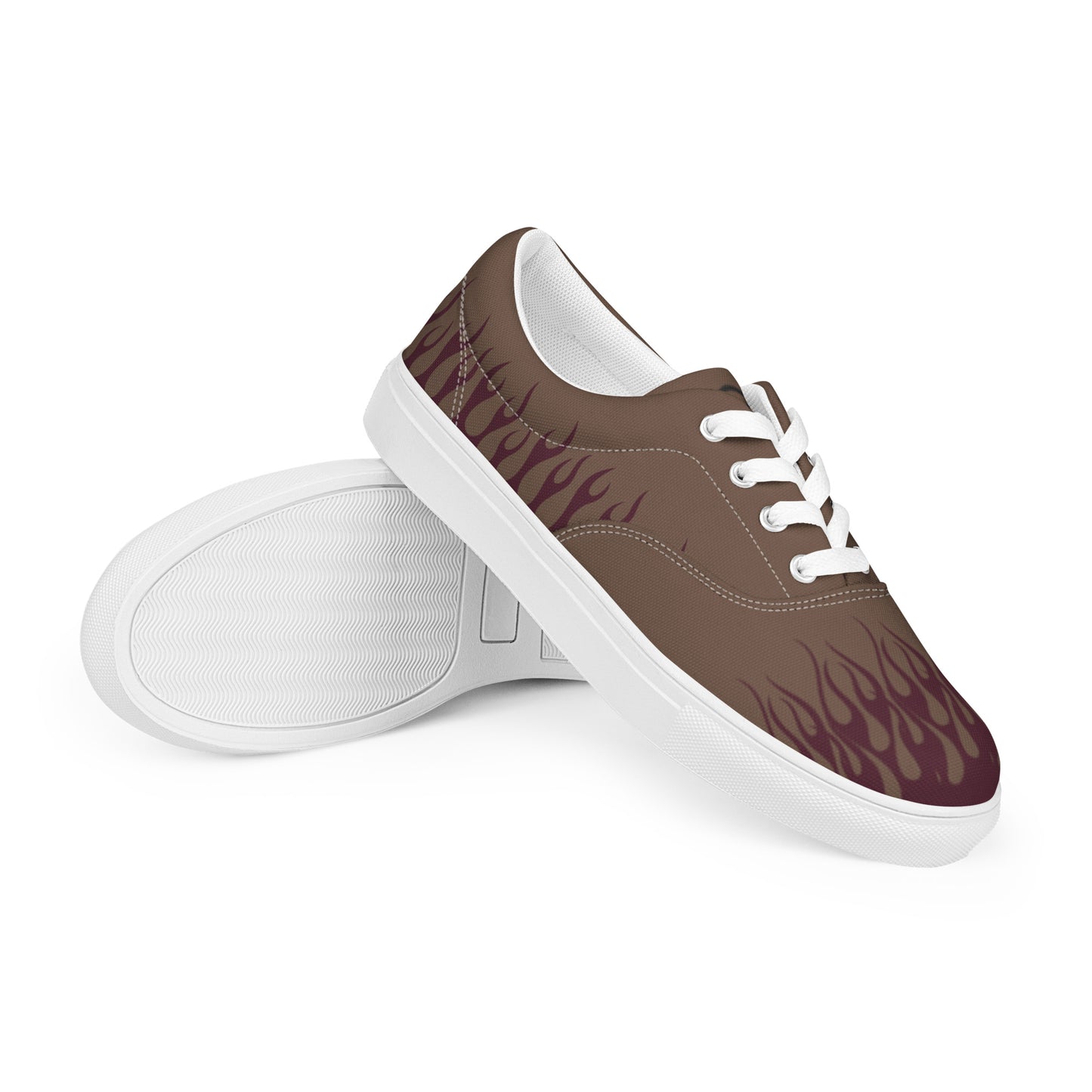 Low-top canvas sneaker, dark brown with burgundy flame print, white sole, white lining