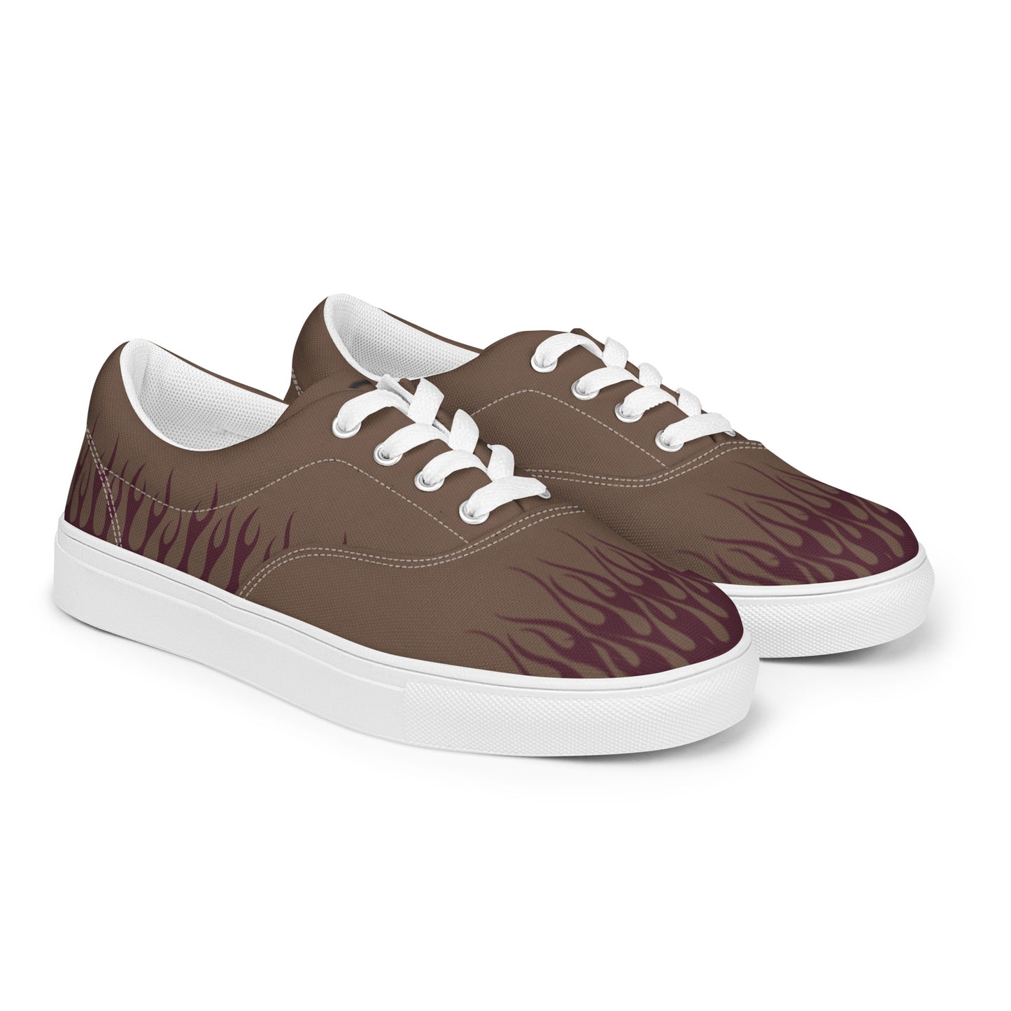Men’s canvas sneakers in brown with burgundy flame graphic, white laces and white sole