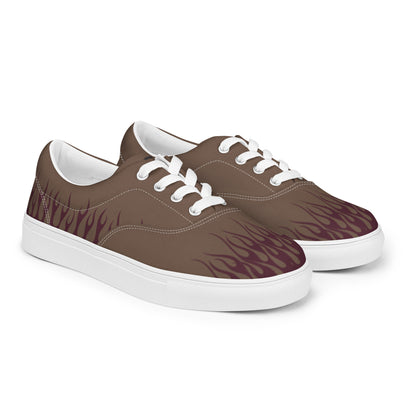 Men’s canvas sneakers in brown with burgundy flame graphic, white laces and white sole