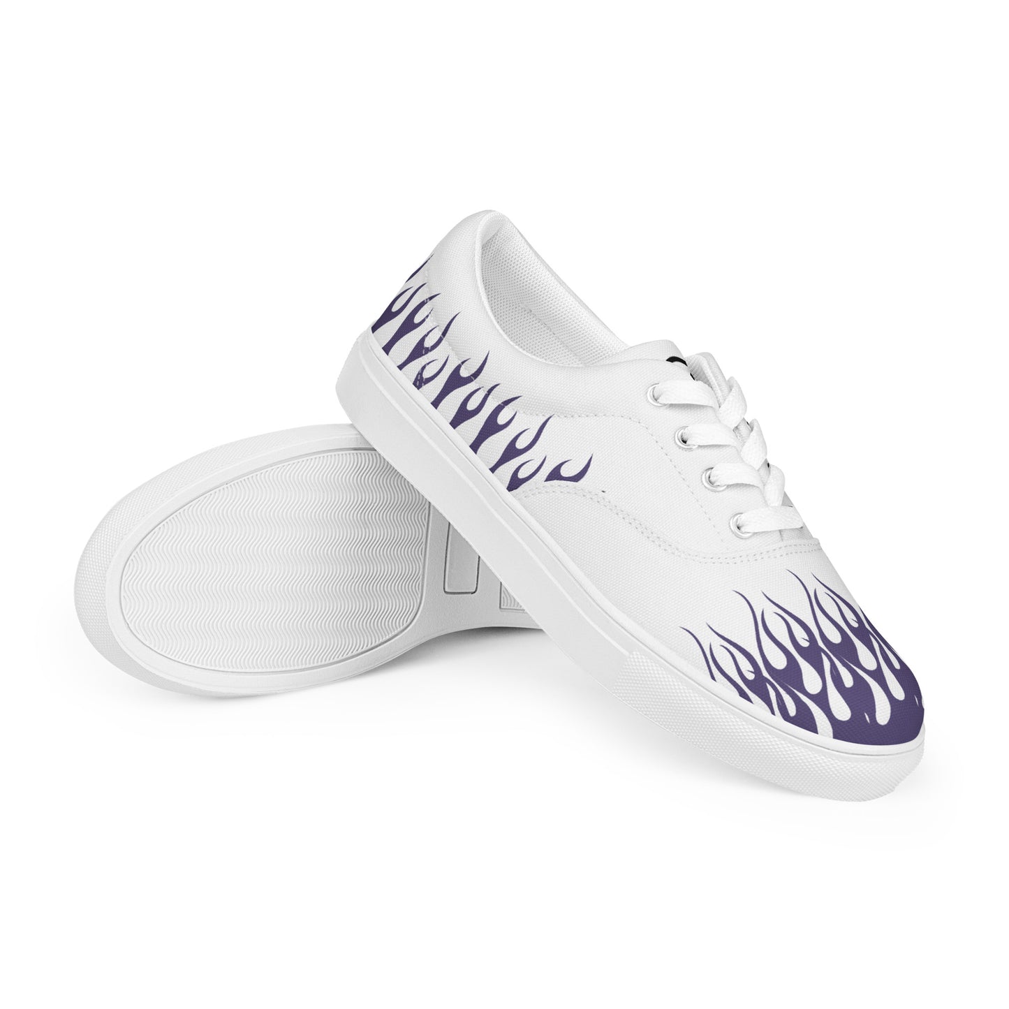 White low-top canvas sneaker with violet flame stripe on side; white rubber sole