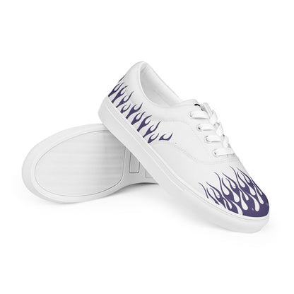 White low-top canvas sneaker with violet flame stripe on side; white rubber sole