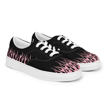 Black canvas low-top sneaker with pink flame print, white midsole, lace-up front