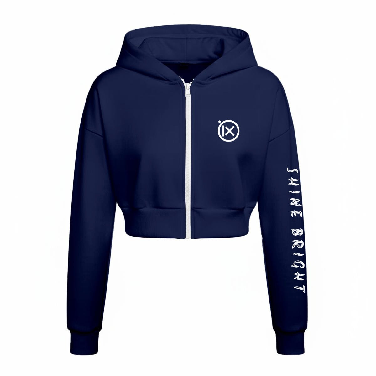 Fleece tracksuit zip hoodie, navy with hood, front zipper, and side logo