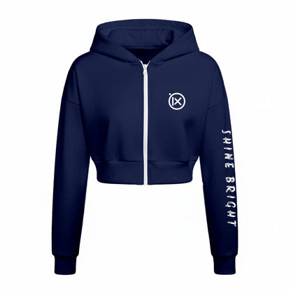 Fleece tracksuit zip hoodie, navy with hood, front zipper, and side logo