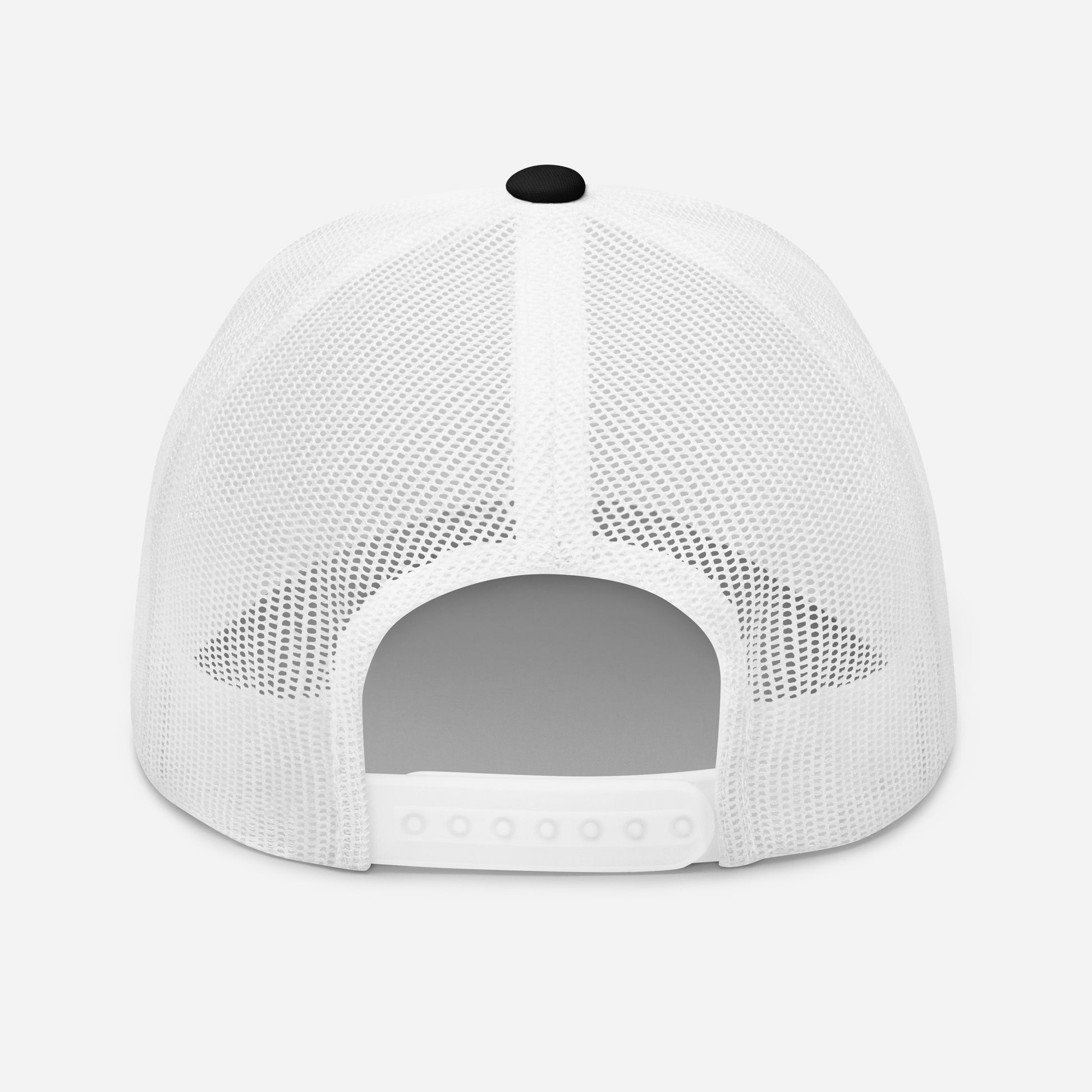White mesh trucker snapback cap, plain front with snapback closure at back