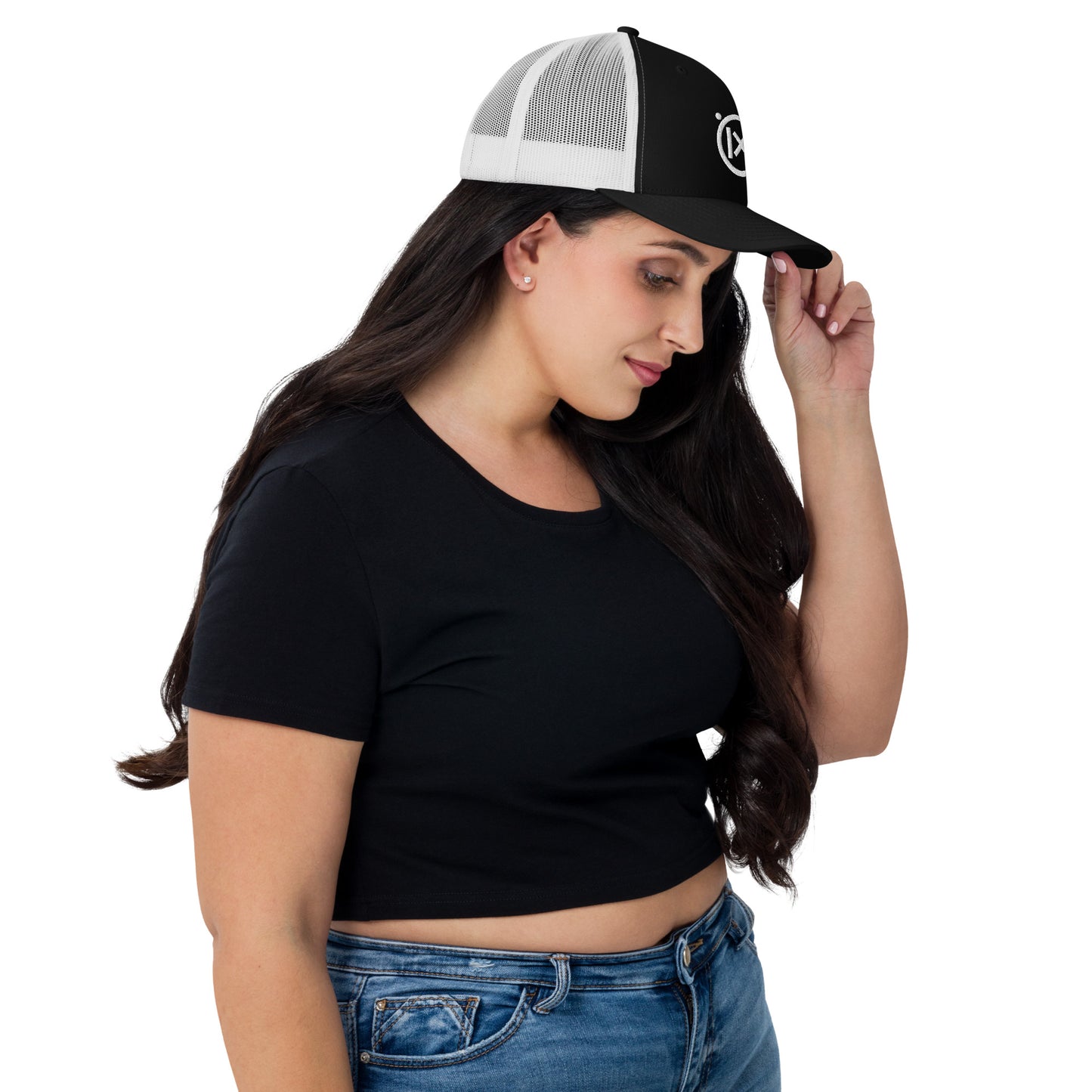 Retro trucker snapback cap in black with white mesh and round embroidered logo on front
