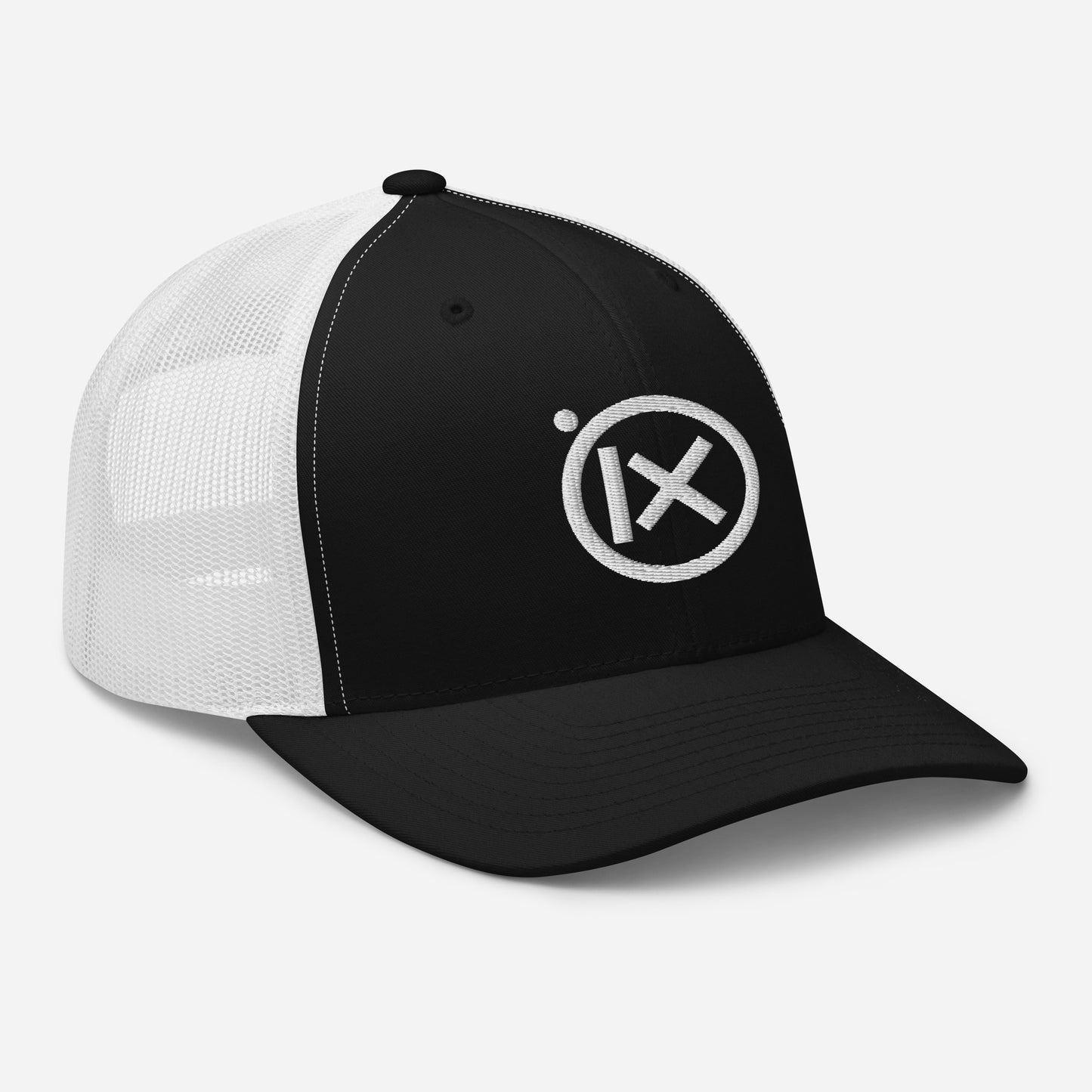 Black front mesh trucker snapback cap with circular X logo patch