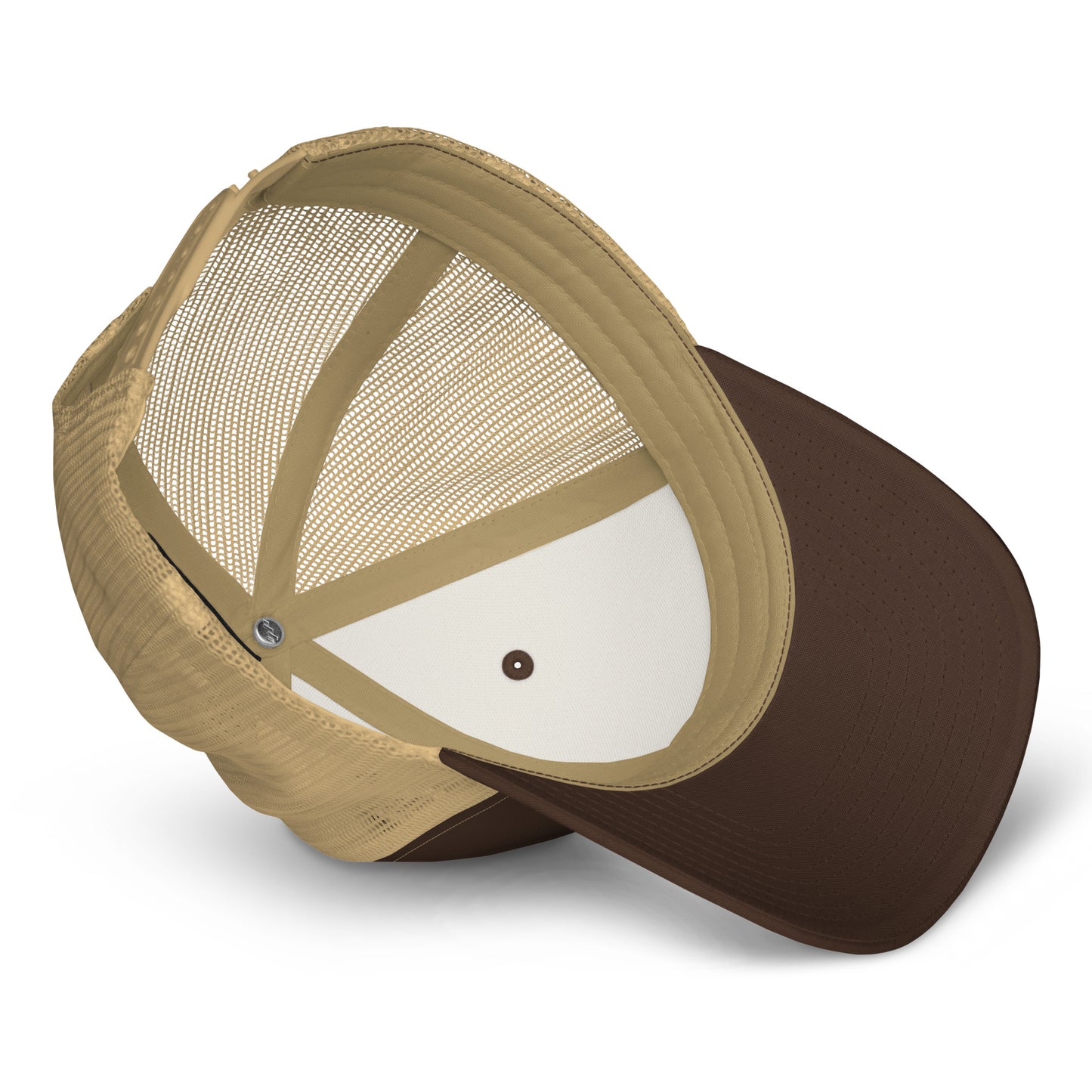 Retro trucker snapback cap in tan with mesh back and two-tone brown brim
