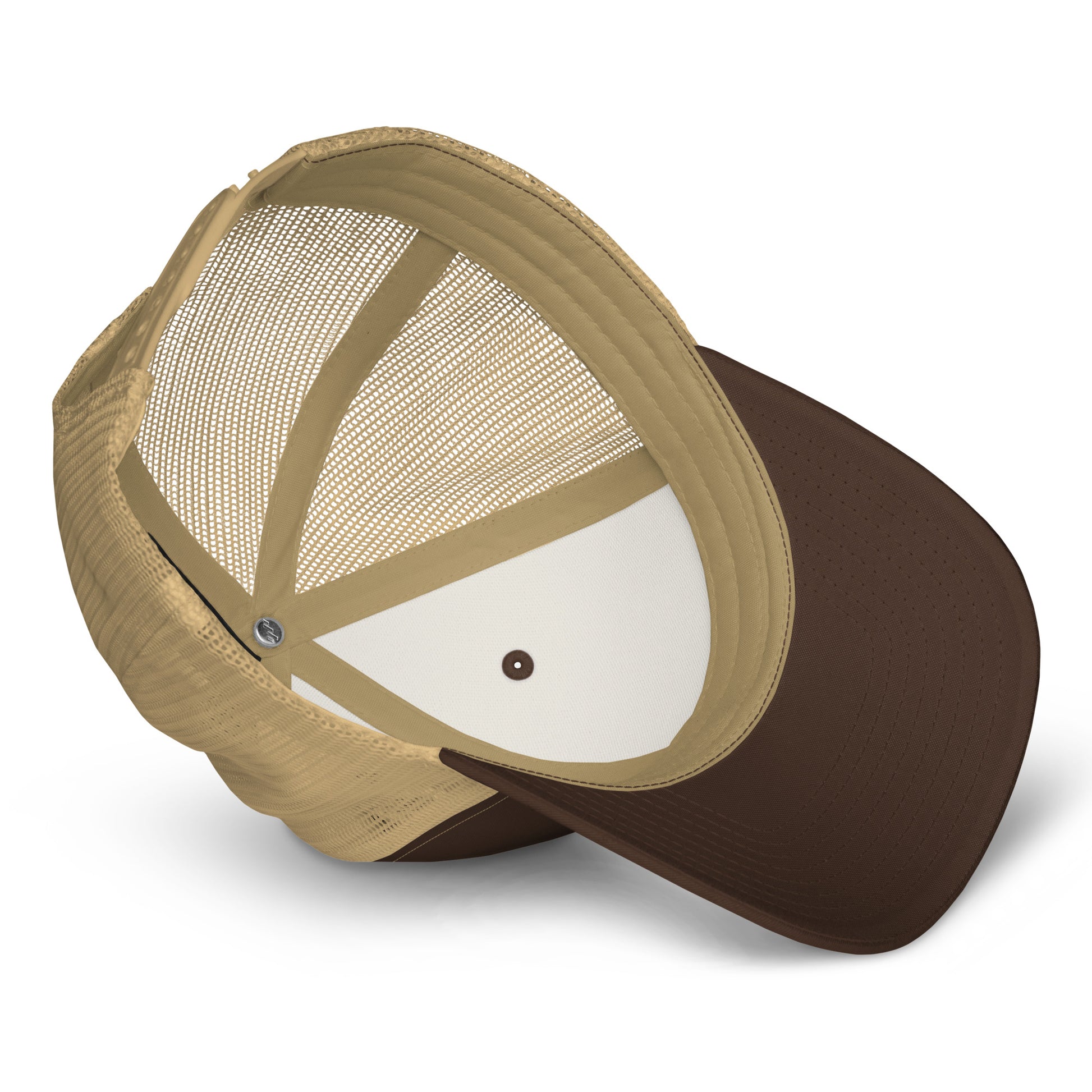 Retro trucker snapback cap in tan with mesh back and two-tone brown brim