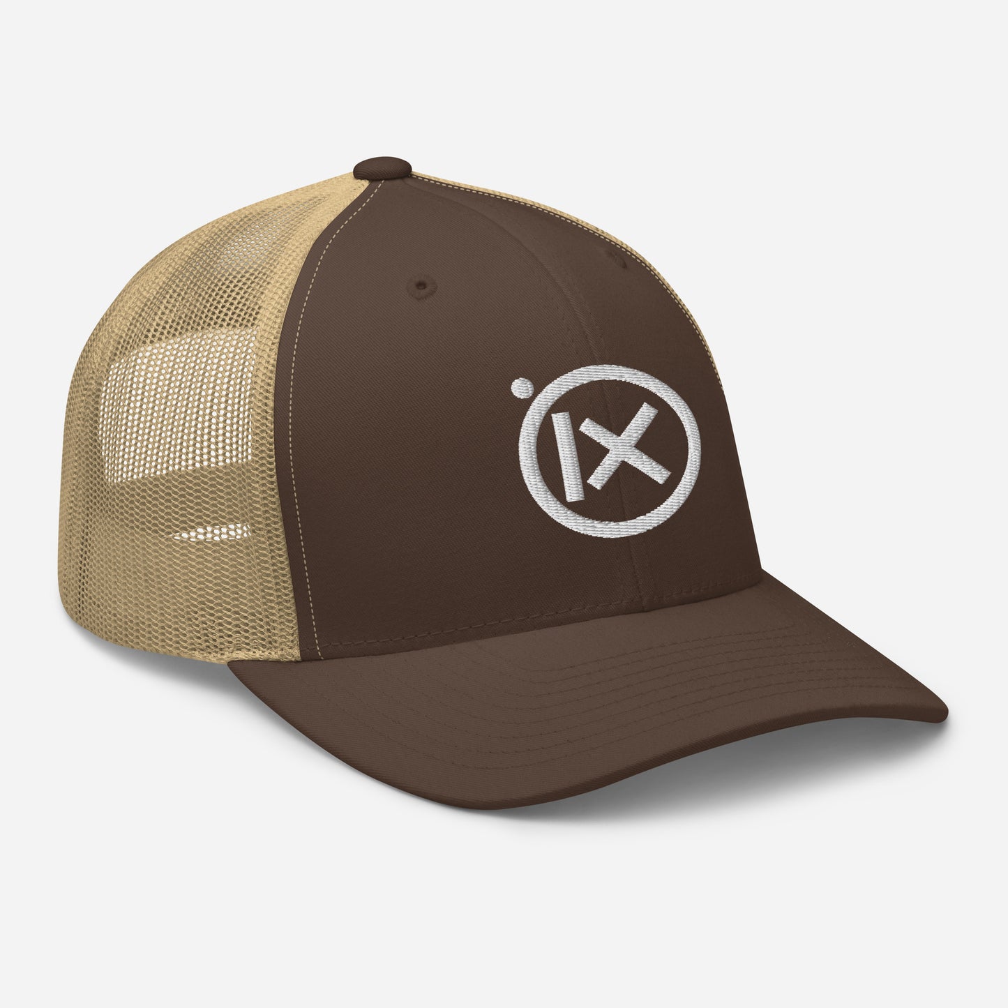 Trucker snapback cap with brown front, tan mesh sides, and white circular logo badge