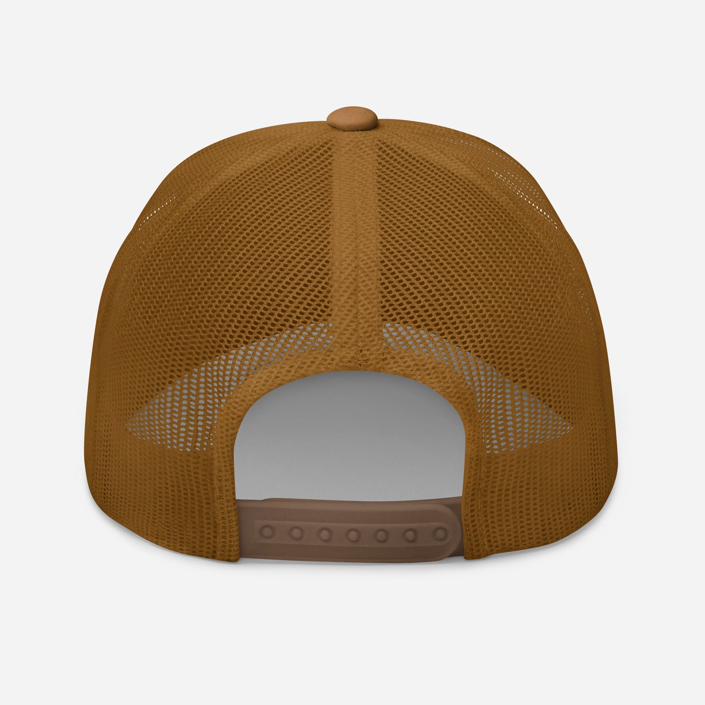Tan trucker snapback cap with tan mesh back and snap closure strap across opening.