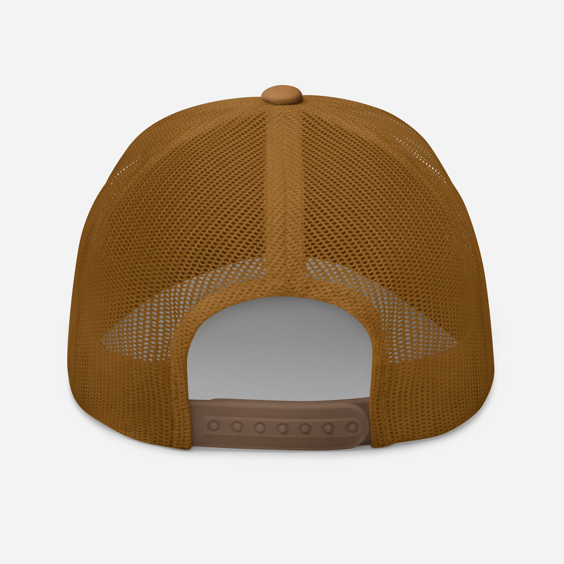 Tan trucker snapback cap with tan mesh back and snap closure strap across opening.
