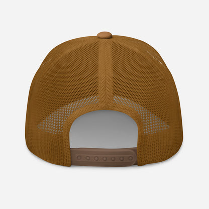 Tan trucker snapback cap with tan mesh back and snap closure strap across opening.