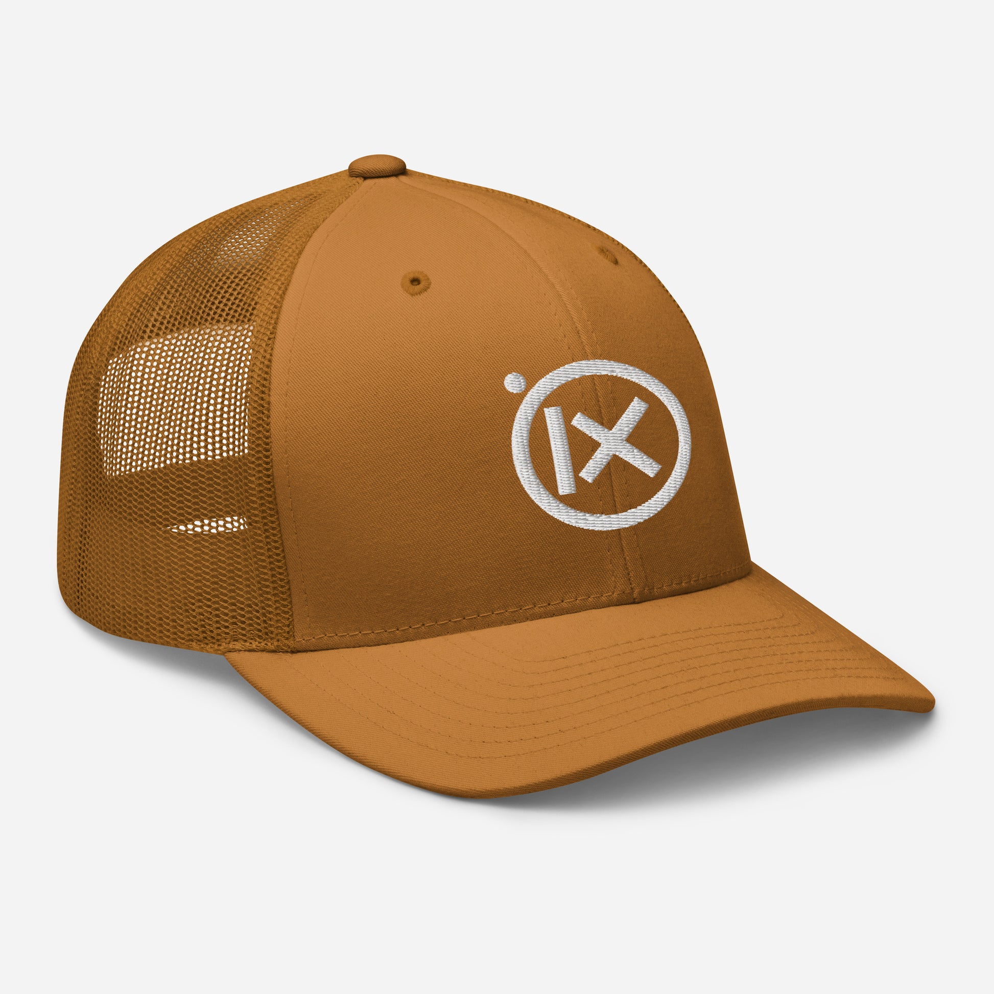 Retro trucker snapback cap in tan with white mesh and round embroidered logo on front