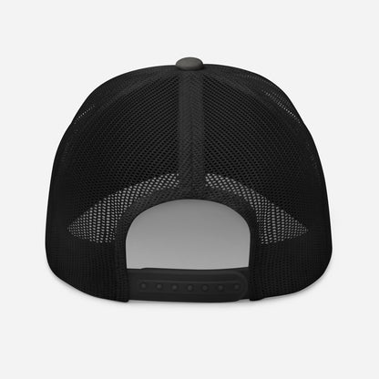 Trucker snapback cap with black mesh sides and open back panel