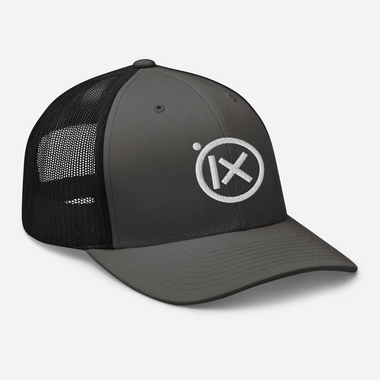 Trucker snapback cap with dark gray front, black mesh back, and white logo