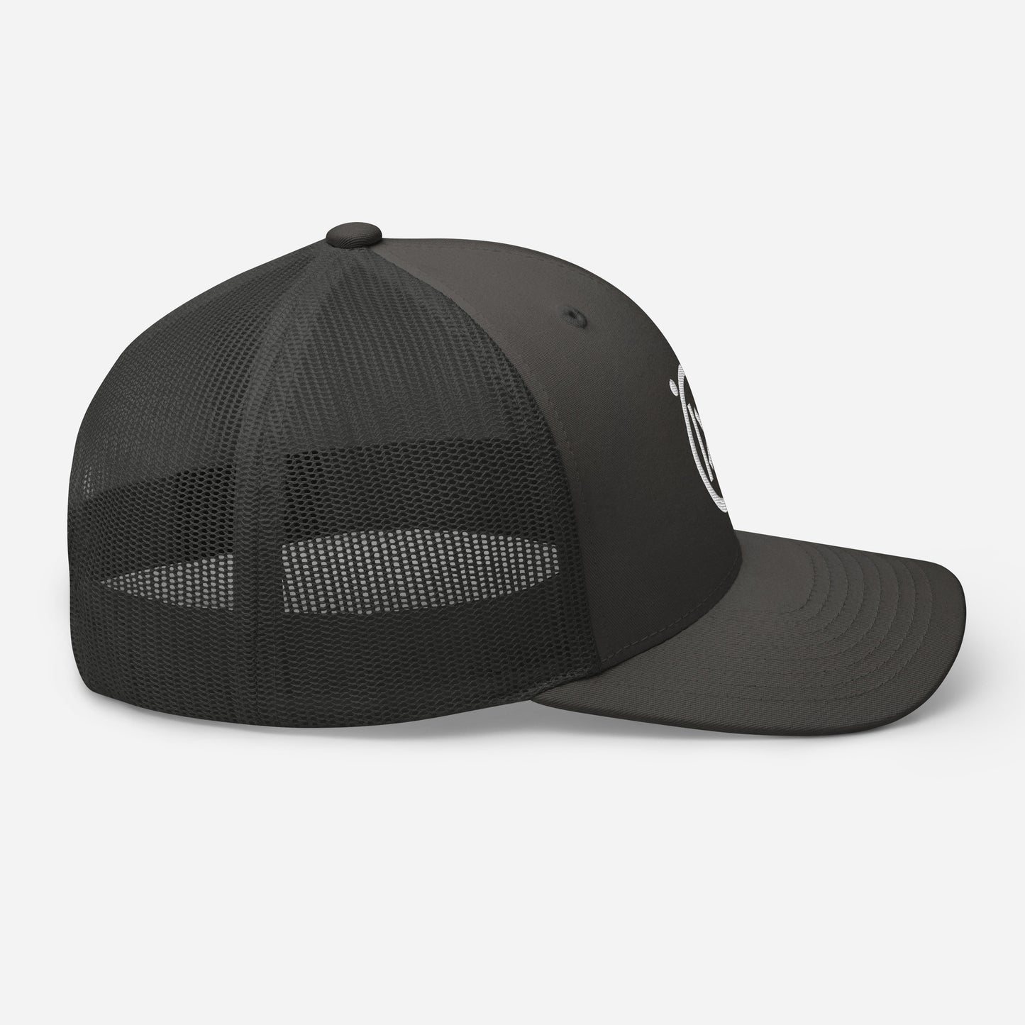 Trucker snapback cap side view, black mesh back panel and dark front with brim