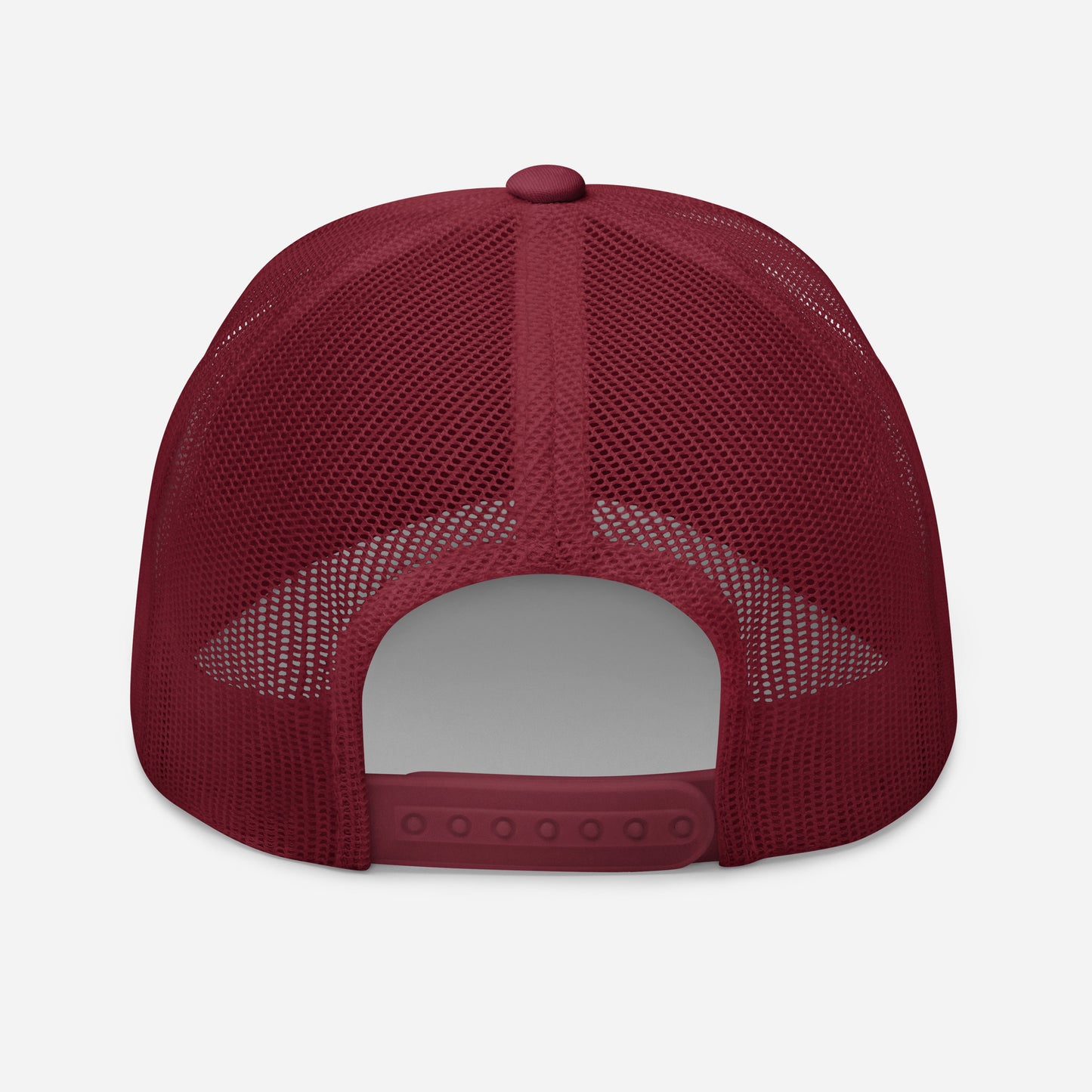 Retro trucker snapback cap in cranberry with mesh panels and snapback strap on back