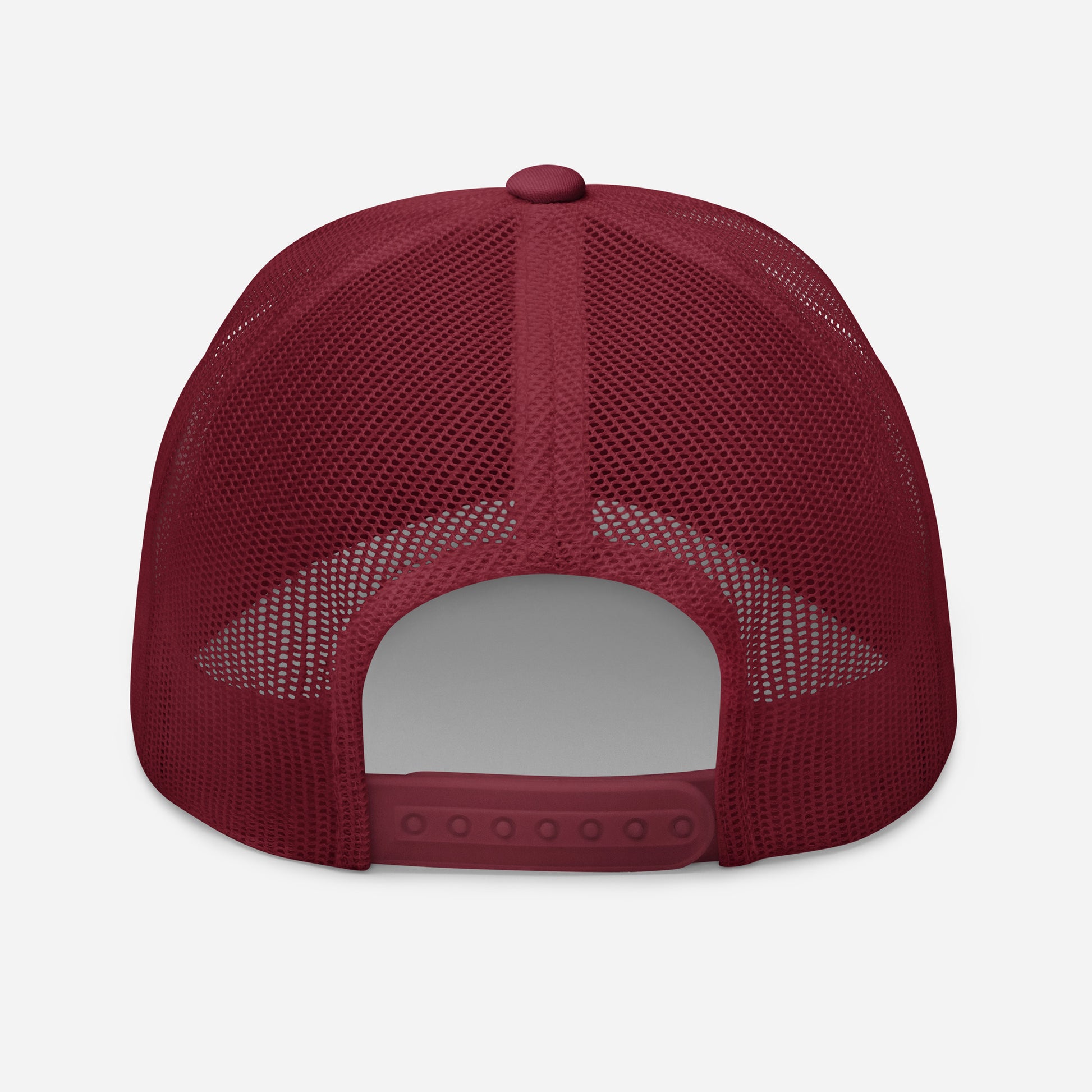Retro trucker snapback cap in cranberry with mesh panels and snapback strap on back