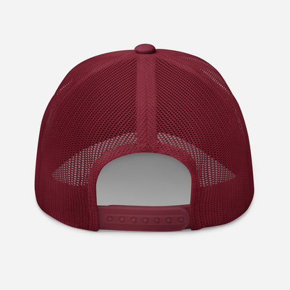 Retro trucker snapback cap in cranberry with mesh panels and snapback strap on back