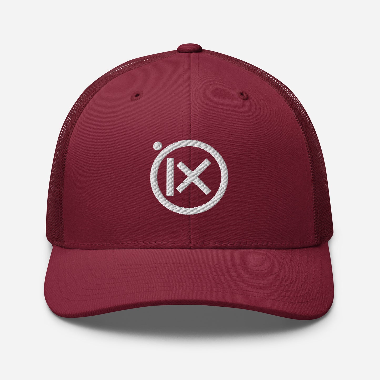 Retro trucker snapback cap in cranberry with white mesh and round embroidered logo on front