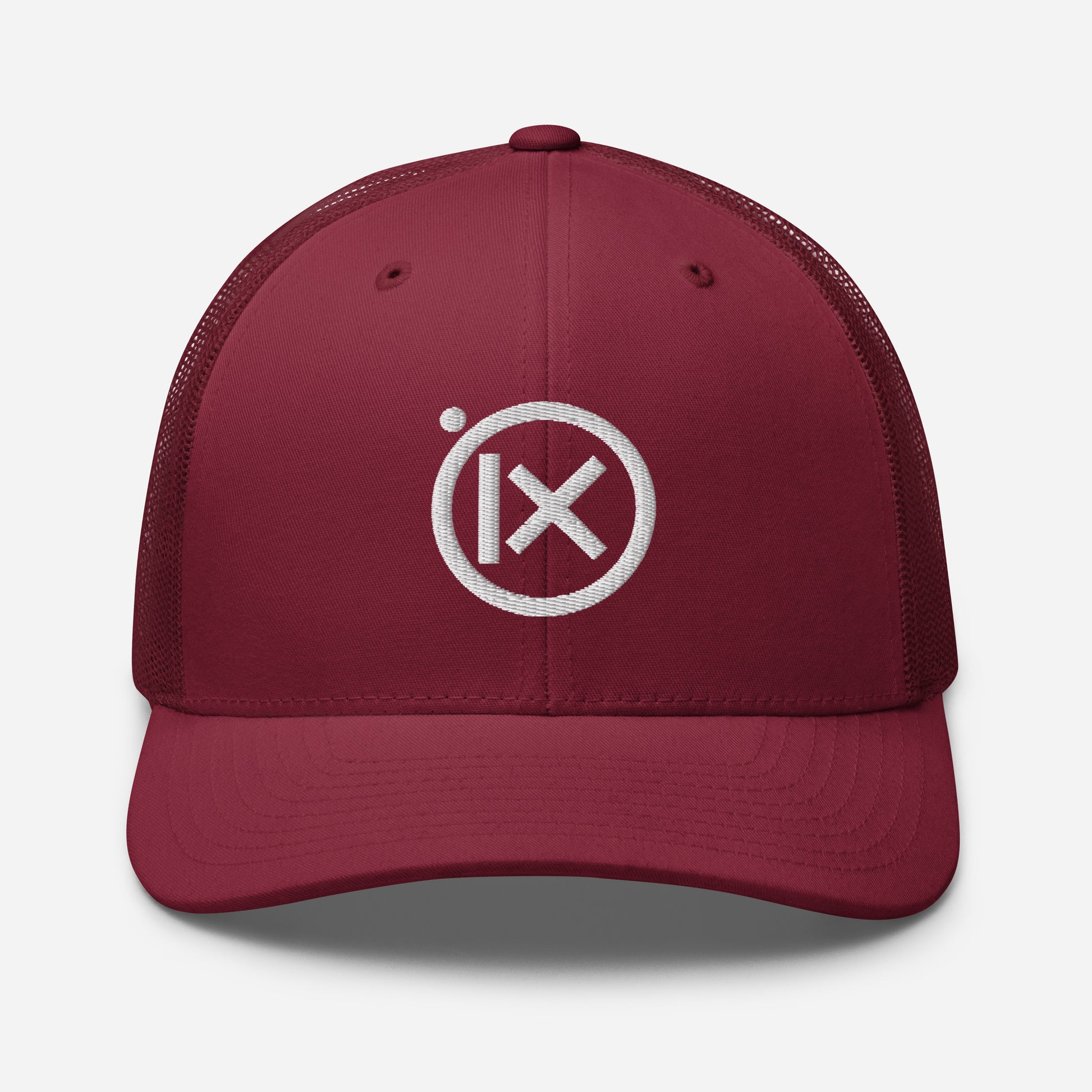 Retro trucker snapback cap in cranberry with white mesh and round embroidered logo on front