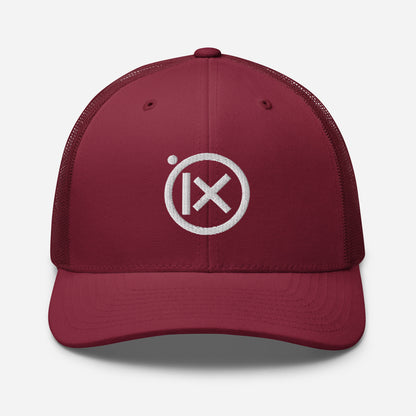 Retro trucker snapback cap in cranberry with white mesh and round embroidered logo on front
