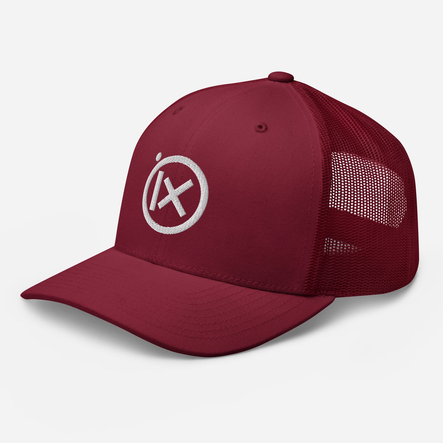 Retro trucker snapback cap in cranberry with white mesh and round embroidered logo on front