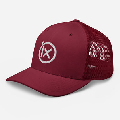 Retro trucker snapback cap in cranberry with white mesh and round embroidered logo on front