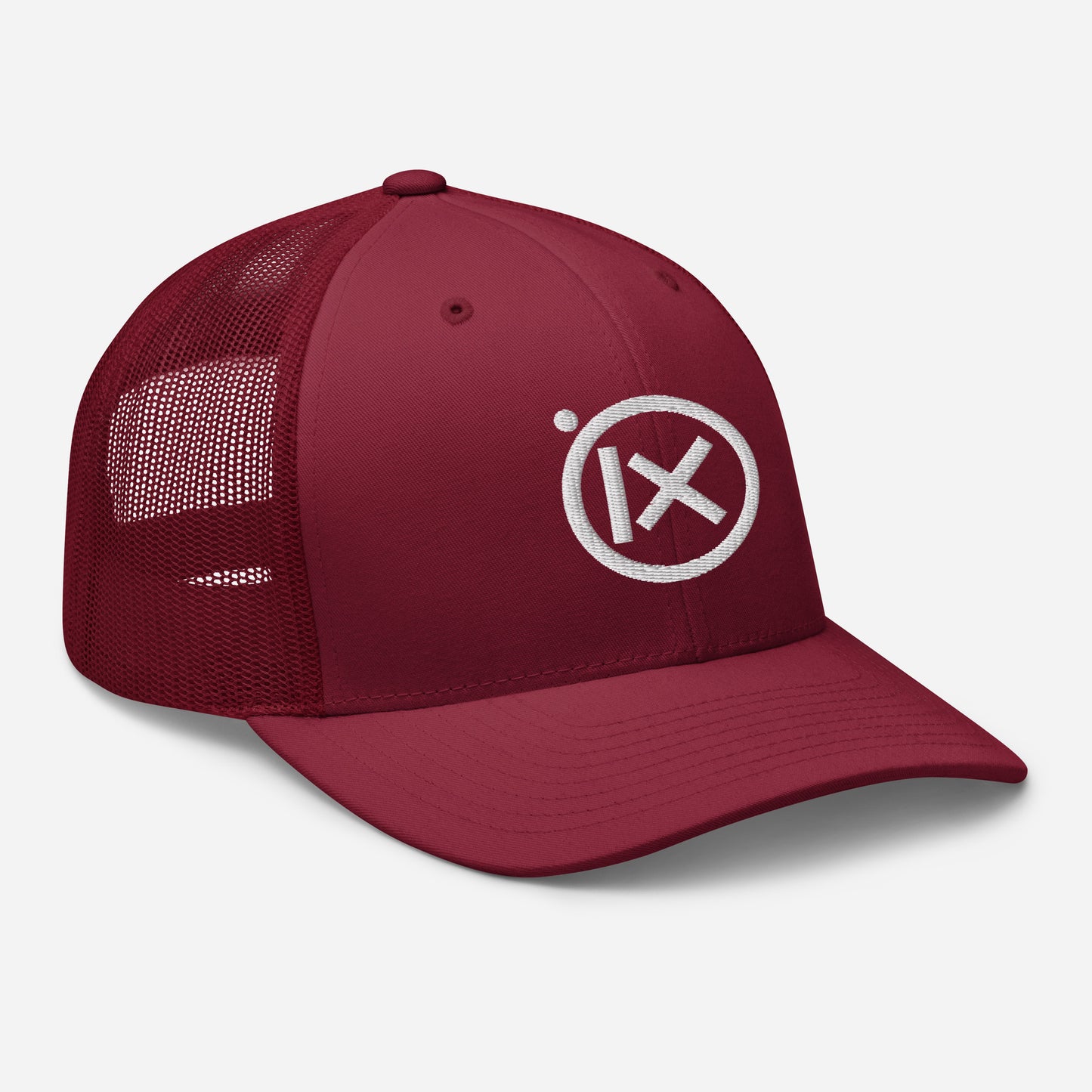 Retro trucker snapback cap in cranberry with white mesh and round embroidered logo on front