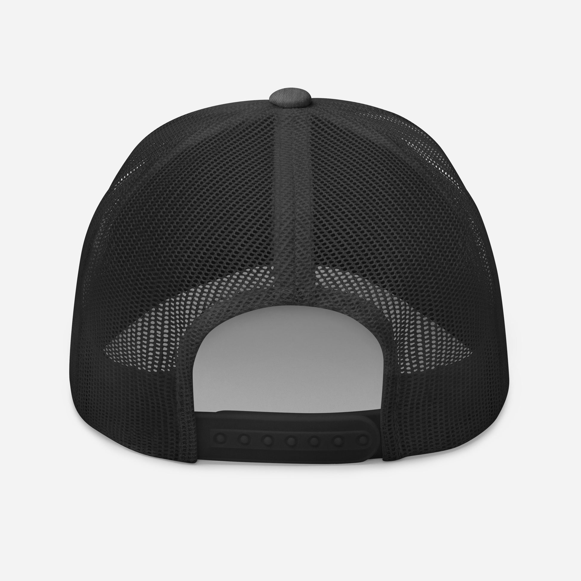 Trucker snapback cap back view with black mesh panels and adjustable strap