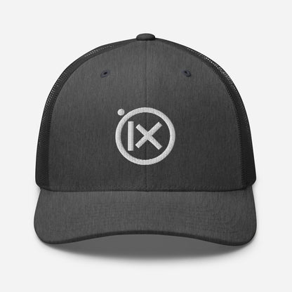 Trucker snapback cap front view, dark crown with round white logo, black mesh back
