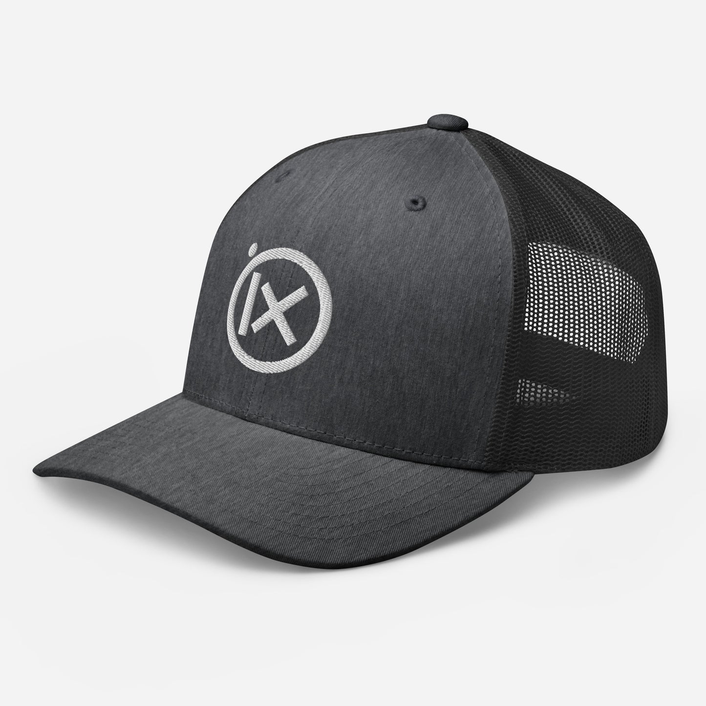 Trucker snapback cap front view, dark crown with round white logo and black mesh