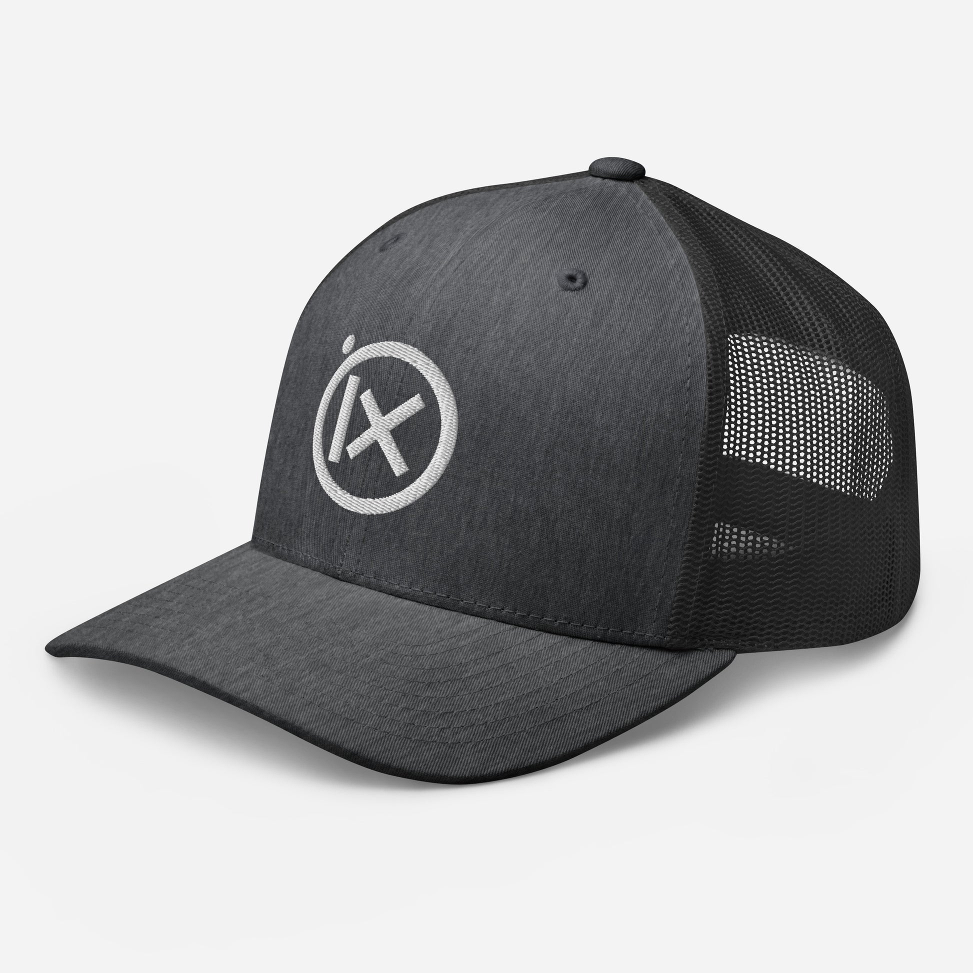Trucker snapback cap front view, dark crown with round white logo and black mesh