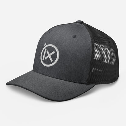 Trucker snapback cap front view, dark crown with round white logo and black mesh