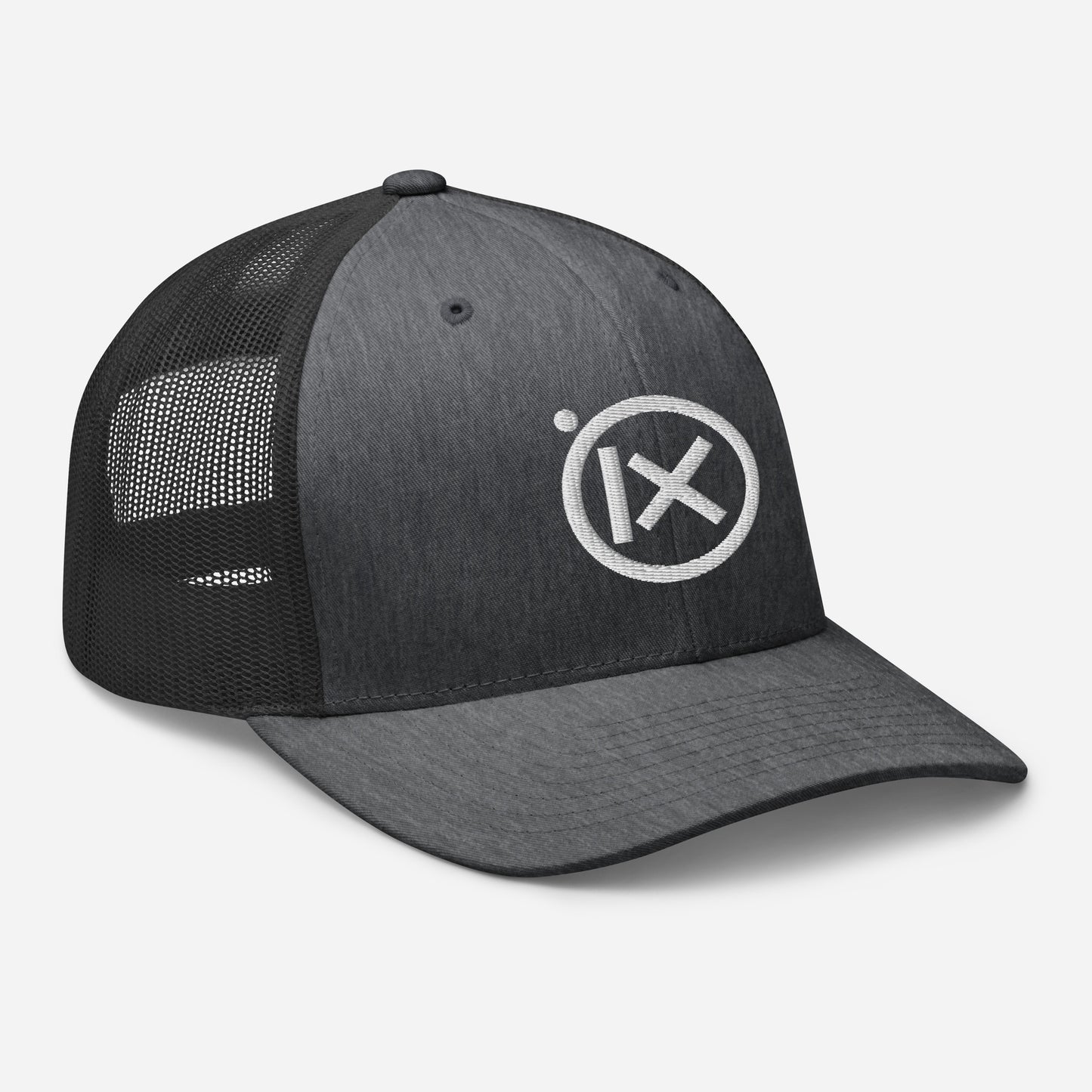 Trucker snapback cap front view, dark crown, black mesh side panels, white logo