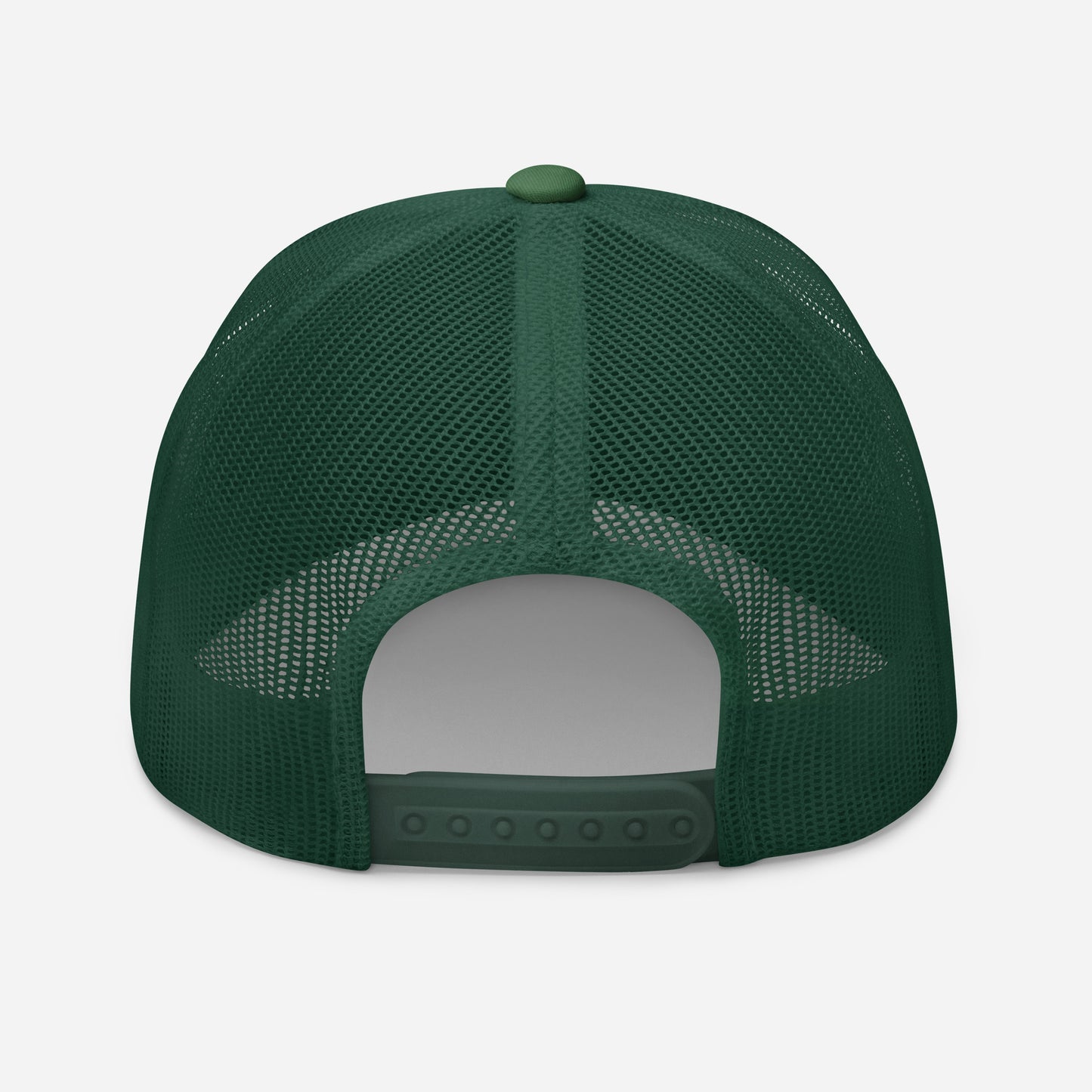 Green trucker snapback cap with dark green mesh back and snap closure strap.