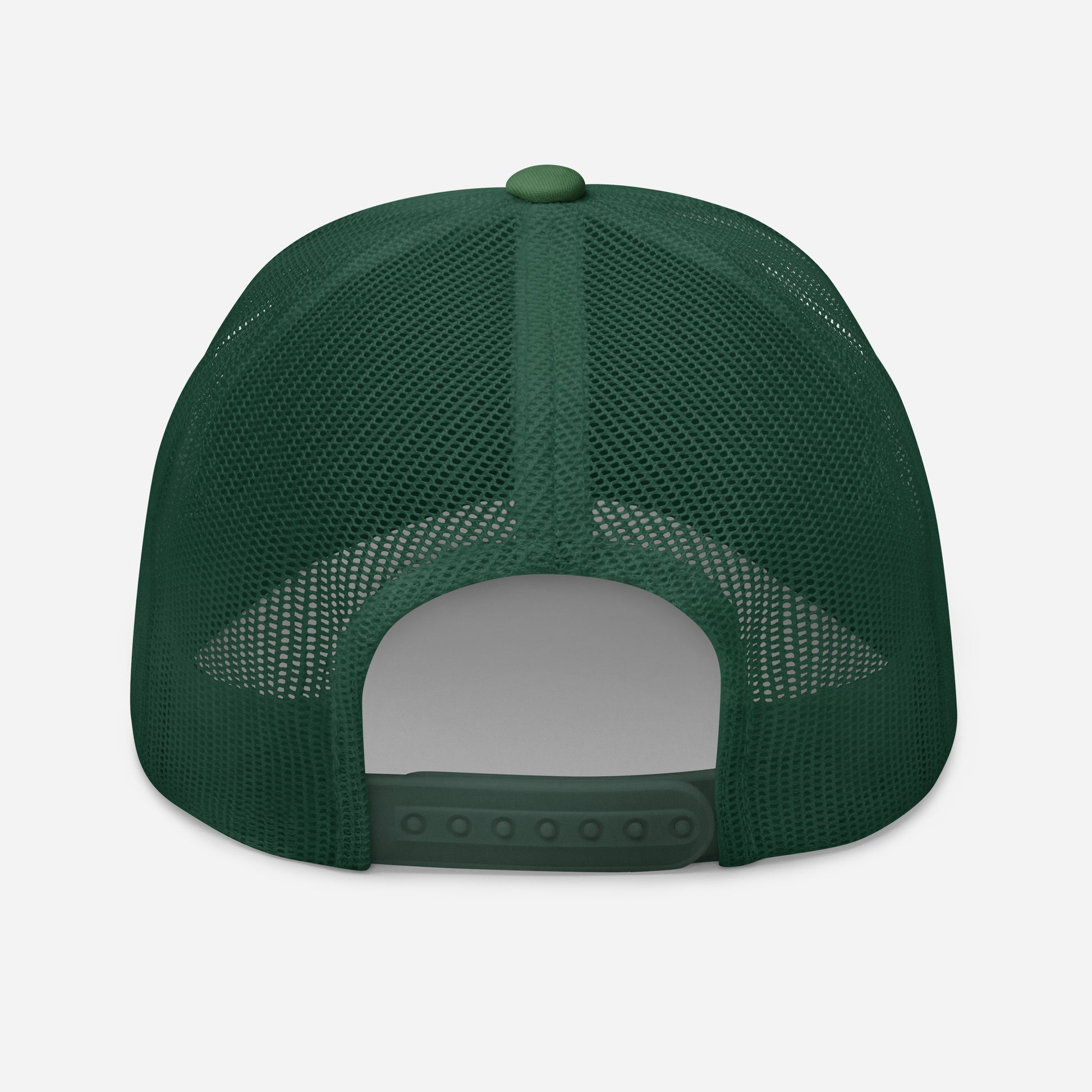 Green trucker snapback cap with dark green mesh back and snap closure strap.