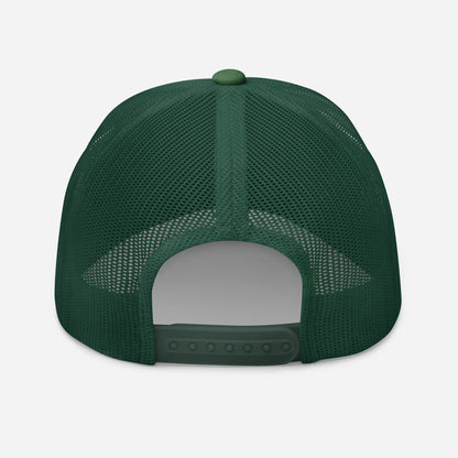 Green trucker snapback cap with dark green mesh back and snap closure strap.