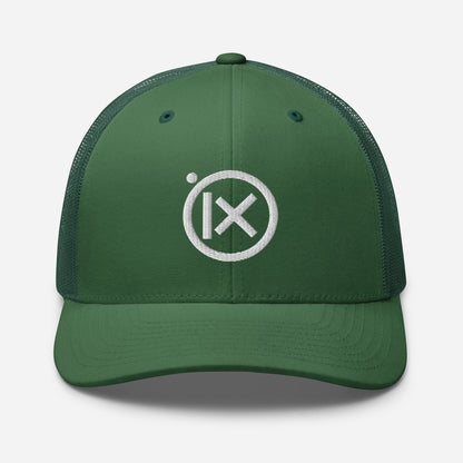 Green trucker snapback cap with circular X logo patch and green front panel.