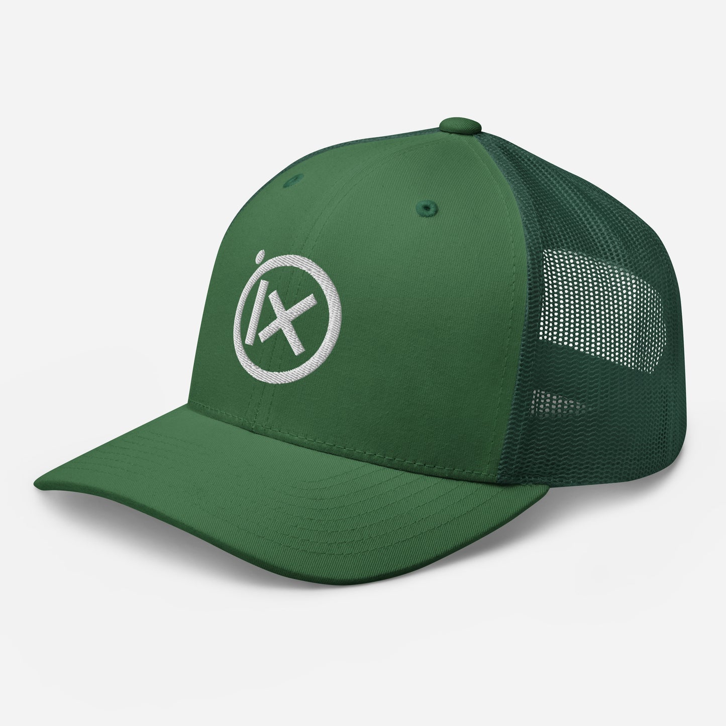 Green trucker snapback cap with circular X logo patch and green mesh side panels.