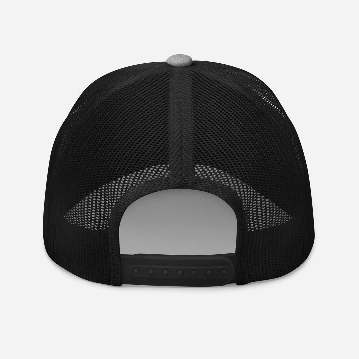 Trucker snapback cap with black mesh back and dark open panel